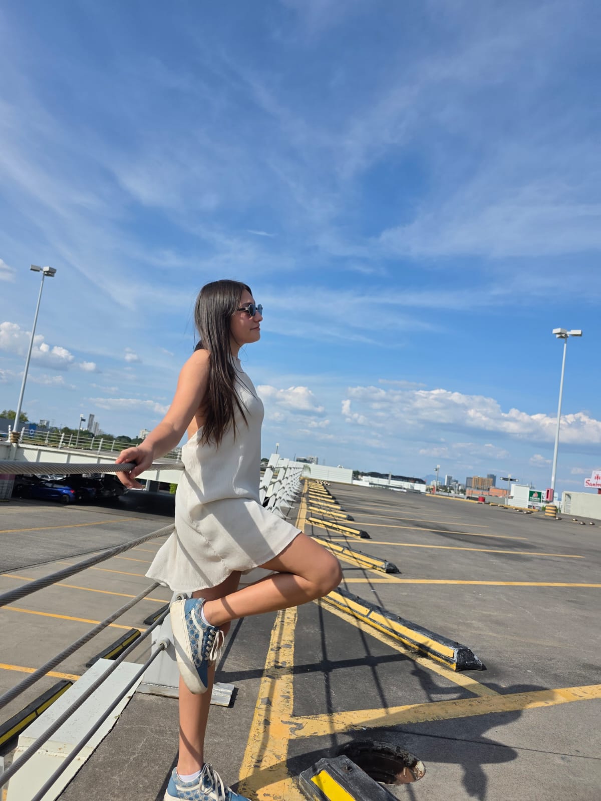 A girl in a lavender dress in a field of flowers, reminiscent of Rapunzel.